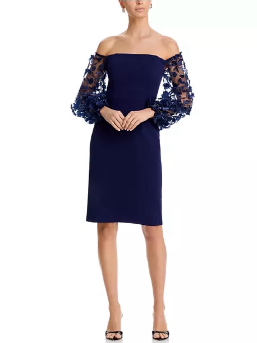 Eliza J. Off The Shoulder Navy Dress Floral Embellishments Balloon Sleeves NWT
